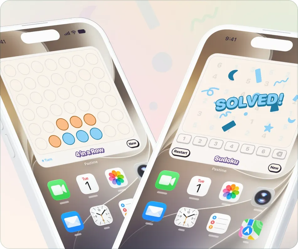 Two iPhones showing Pastime's 4 in a Row and Sudoku widgets on the home screen.